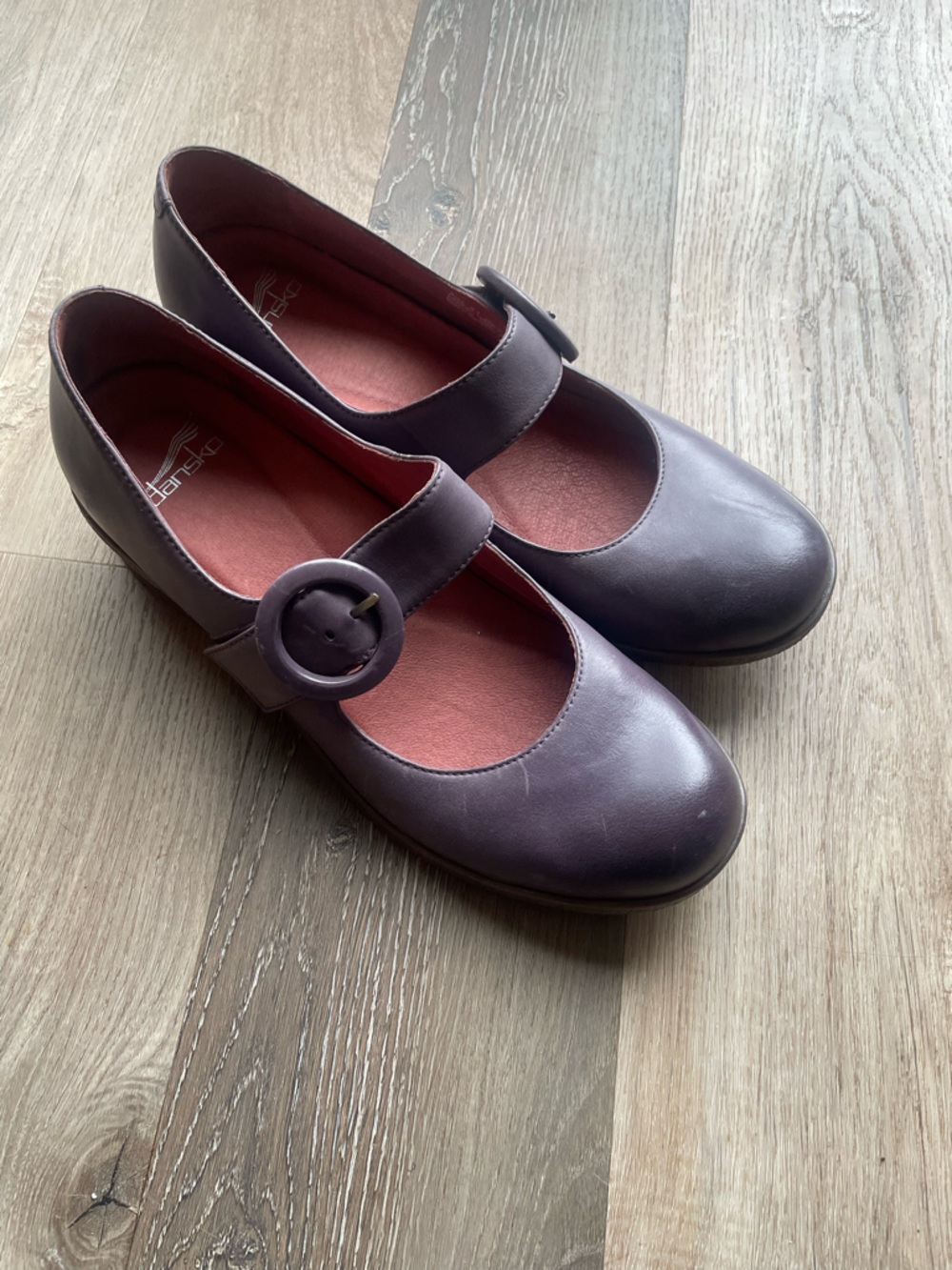 Dansko Eggplant Leather Mary Jane Heels with Round Buckle